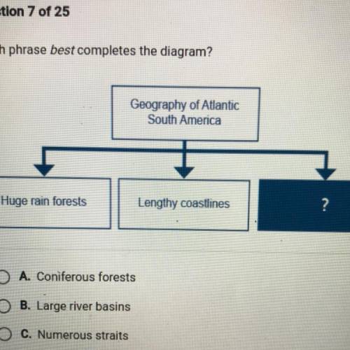 Which phrase best completes the diagram?

A. Coniferous forests
B. Large river basins
C. Numerous