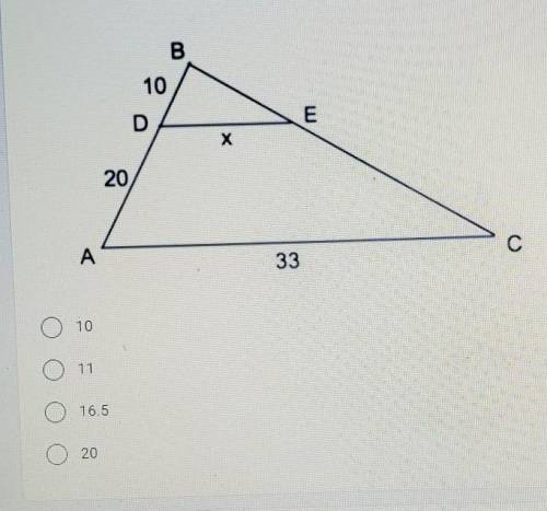 In the diagram below of triangle ABC, DE is parallel to AC. IF AD = 20, DB = 10 and AC = 33, find D