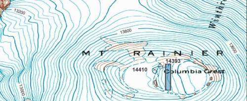 Study the topography map.

A topographic map of Mount Rainer. The line with number 13,600 is thick