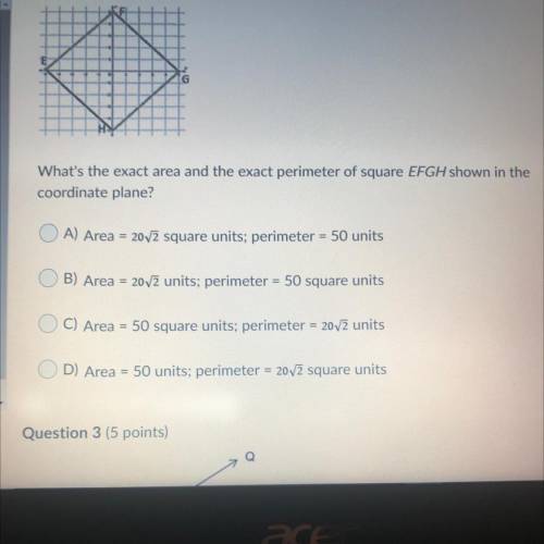 what’s the exact area and the exact perimeter of square EFGH shown in the coordinate plane? correct