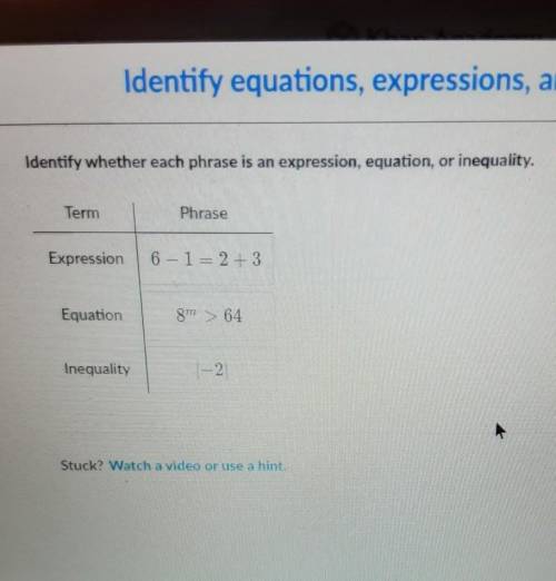 Identify whether each phrase is an expression, equation, or inequality