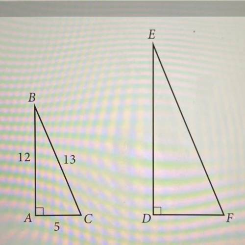 In the figure above, triangle ABC is similar to
triangle DEF. What is the value of cos(E)?