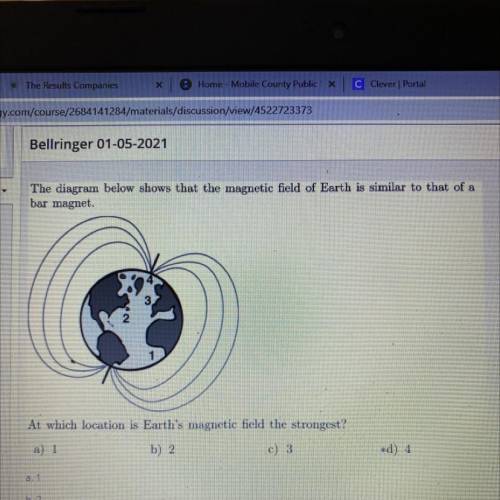 The diagram below shows that the magnetic field of Earth is similar to that of a

bar magnet.
At w