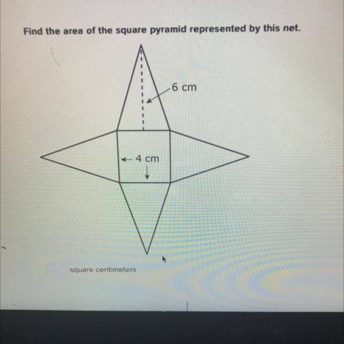 PLS HELP PICK ME PLSS I ONLY HAVE A MINUTE

Find the area of the square pyramid represented by thi