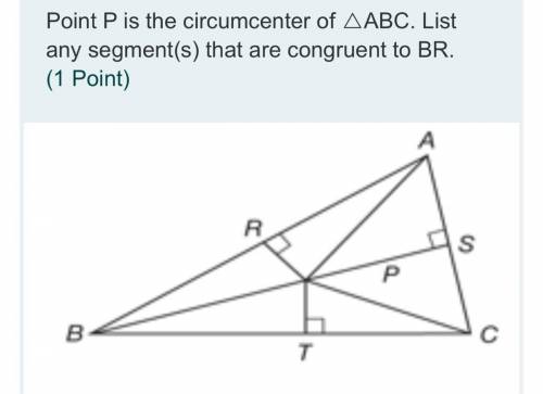 Point P is the circumcenter of △ABC. List any segment(s) that are congruent to BR.