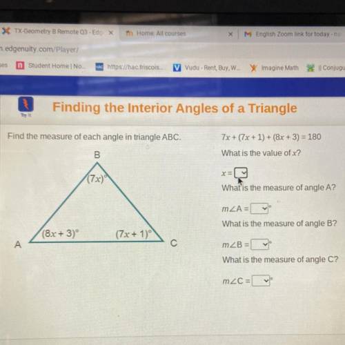 Find the measure of each angle in triangle ABC

7x+ (7x+1) + (8x+3)=180 
What is the value of x?
W