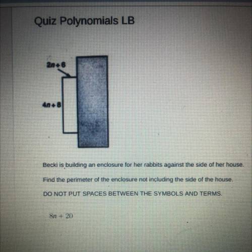 Quiz Polynomials LB

2n.6
4n+8
Becki is building an enclosure for her rabbits against the side of