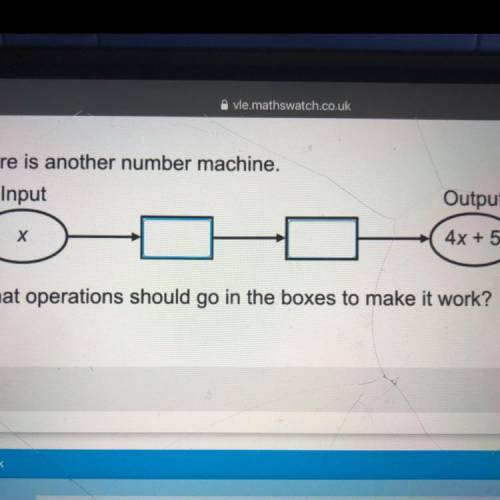 Here is another number machine.

Input - x
_____
_____
Output - 4x+5
What operations should go in