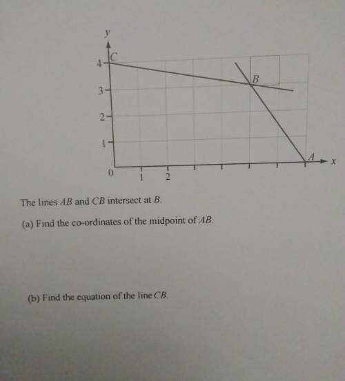 The lines AB and CB intersect at B

(a) Find the co-ordinates of the midpoint of AB(b) Find the eq