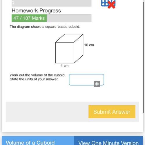 The diagram shows a square based cuboid. Work out the volume of the cuboid. State the units of your