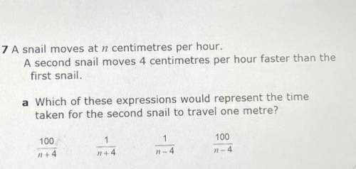 A snail moves at n centimetres per hour.

A second snail moves 4 centimetres per hour faster than