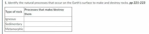 Identify the natural processes that occur on the Earth’s surface to make and destroy rocks

Type o