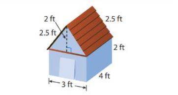 PLEASE HELP

The dog house shown has no floor or windows. Find the total surface area of the dog h