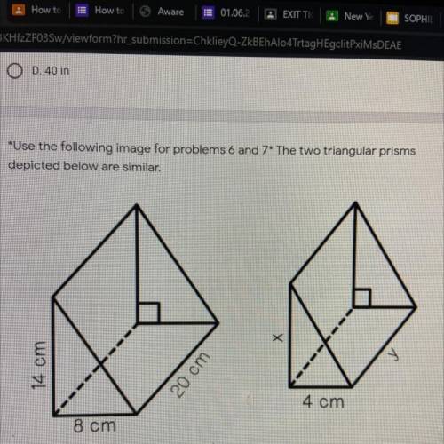 The two triangular prisms

depicted below are similar.
What is the value, in centimeters, of x?*