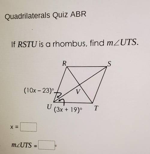 Please help!if rstu is a rhombus, find m<uts