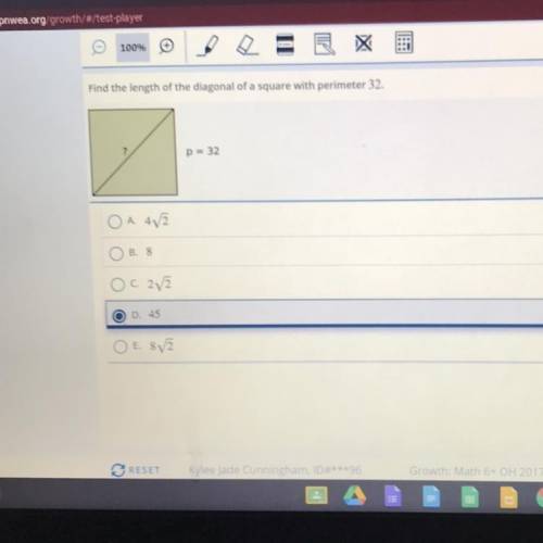 Find the length of the diagonal of a square with perimeter 32.

?
p = 32
A. 4/2
B. 8
C. 2/2
D. 45