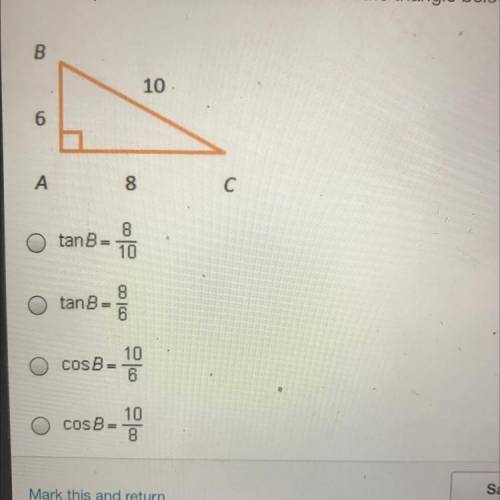 Which equation can be used tº find B in the triangle below?