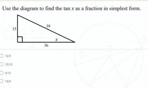 Use the diagram to find the tan x as a fraction in the simplist form