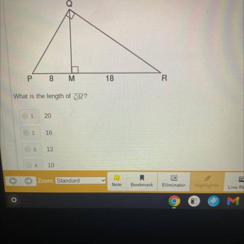 In the diagram below, OM is an altitude of right triangle PQR, PM = 8, and RM = 18.

What is the l