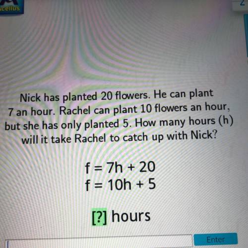 Nick has planted 20 flowers. He can plant

7 an hour. Rachel can plant 10 flowers an hour,
but she