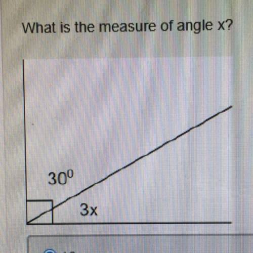 What is the measure of angle x?
10
20
30
40
