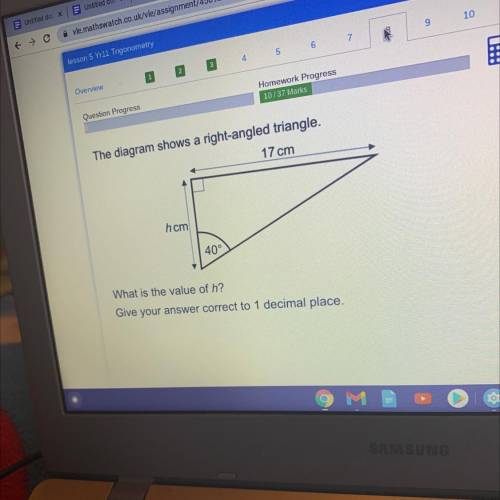 The diagram shows a right-angled triangle.

17 cm
hcm
40°
What is the value of h?
Give your answer