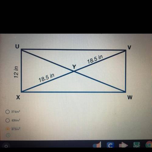 In rectangle uvwx, xy = YW = 18.5 in. What is the area of rectangle uvwx

IM BEING TIMED PLEASE AN
