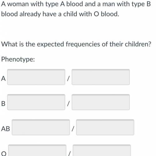 A woman with type A blood and a man with type B blood already have a child with O

blood.
What is
