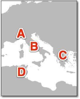 The capital of the Roman Empire could be found closest to which letter?

A) A
B) B
C) C
D) D