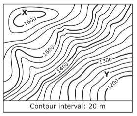 A section of a topographic map is shown below.

What is the difference in elevation in meters betw