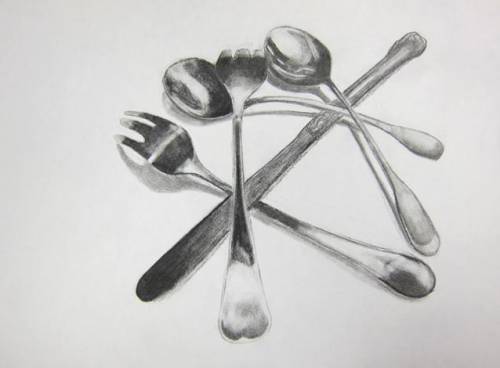 ASAPP! 30 points Artfully arrange a pile of shinny silverware and then draw or render in pencil. Us