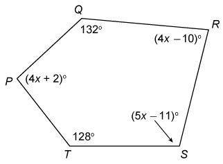What is m∠P?

There is a five sided polygon PQRST in which the measure of angle PQR is 132 degrees