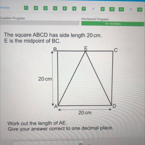 The square ABCD has side length 20 cm,

E is the midpoint of BC,
20 cm
20 cm
Work out the length o