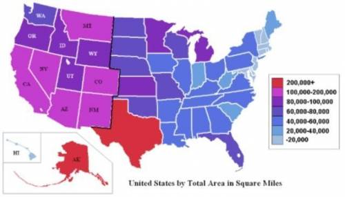 According to the map above, which state is the largest in terms of square miles? (help fast please)
