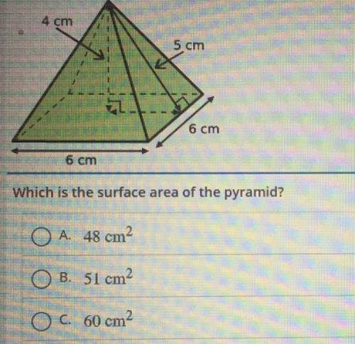 Use the diagram or we pyllt duiswer we questo

cm
5 cm
6 cm
6 cm
Which is the surface area of the