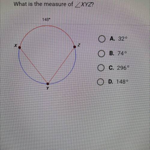 What is the measure of XYZ?
A. 32
B. 74
C. 296
D. 148