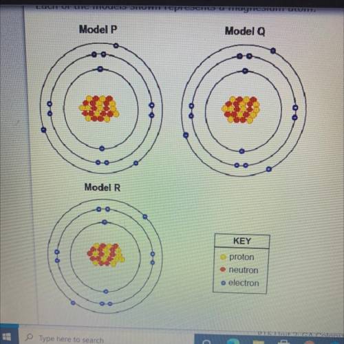 Which models show the same isotope of magnesium?

Ο Α. P and Q
O B. P and R
O C. Q and R
OD P, Q,