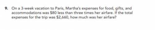 On a 3-week vacation to Paris, Martha's expenses for food, gifts, and accommodations was 80$ less t