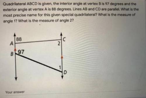 Quadrilateral ABCD is given, the interior angle at vertex B is 97 degrees and the exterior angle at