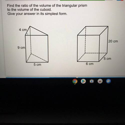 Find the ratio of the volume of the triangular prism

to the volume of the cuboid.
Give your answe