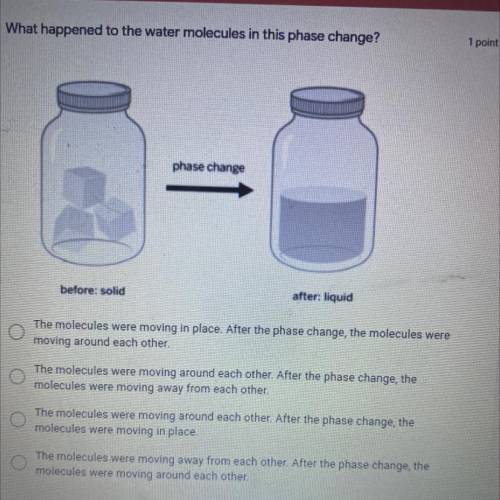 What happened to the water molecules in this phase change?

1 point
phase change
before: solid
aft