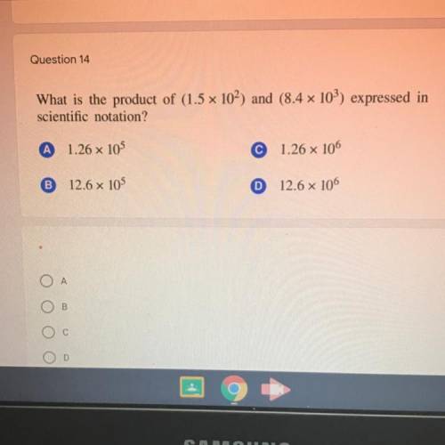 What is the product of (1.5 x 10^2) and (8.4 x 10^3) expressed in

scientific notation?
please ans