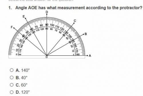 Angle AOE has what measurement according to the protractor?