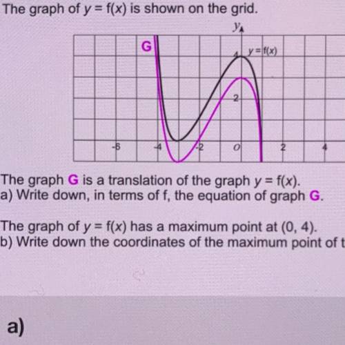 The graph G is a translation of the graph y = f(x).

a) Write down, in terms of f, the equation of