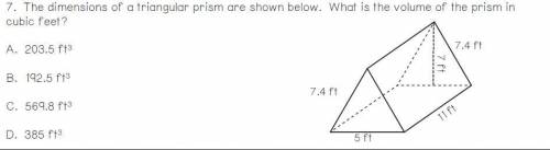 The dimensions of a triangular prism are shown below what is the volume of the prism in cubic feet