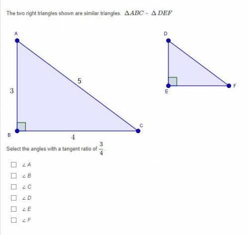 The two right triangles shown are similar triangles. ΔABC ~ ΔDEF

Select the angles with a tangent