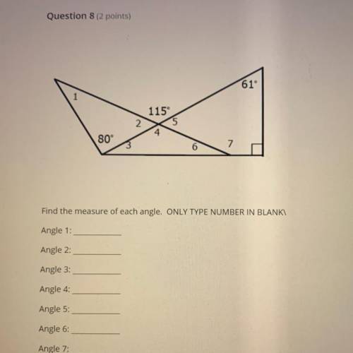 QUICK ANSWERS PLEASE
Find the measure of each angle.