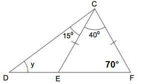 DEF is a straight line. CE = CF. Find the size of the angle marked y.