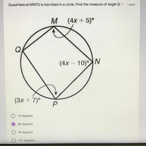 Quadrilateral MNPQ is inscribed in a circle. Find the measure of angle Q.