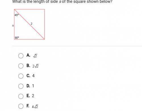 PLEASE HELP! 
What is the length of side s of the square shown below!w?